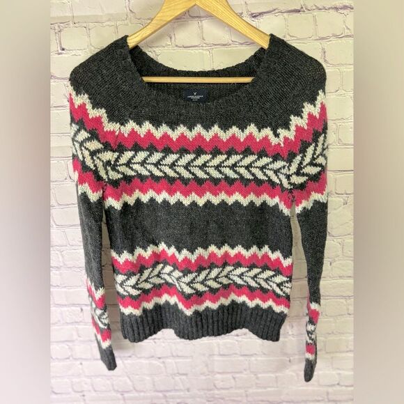 American Eagle Gray Pink White Nordic Fair Isle Scandi Wool Blend Sweater M - Picture 1 of 8